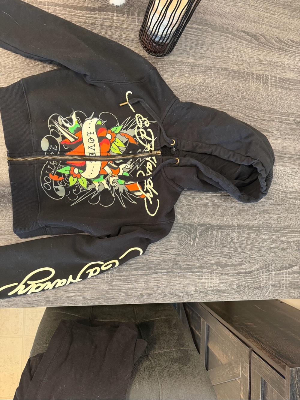 Ed Hardy Black Hoodie with Colorful Tattoo Heart Graphic